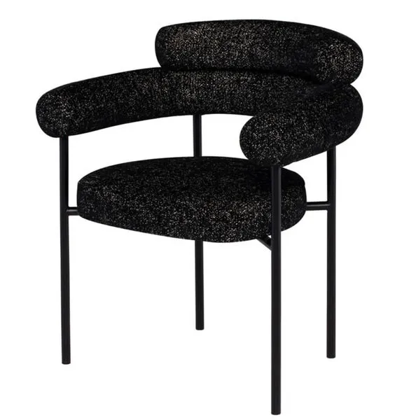 Angled front side view showing curved armrest and seat cushion of Portia dining chair