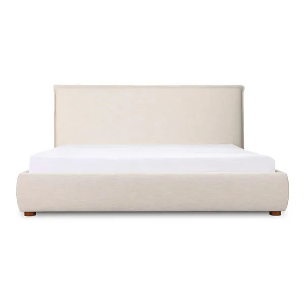 Luzon bed with padded headboard and soft linen blend upholstery in neutral beige