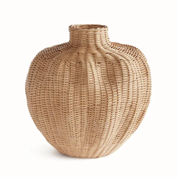 Palm rattan woven vase with undulating rounded shape and narrow neck over rigid wire frame