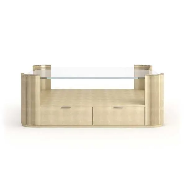 Square cocktail table with clear glass top, hand-applied Oracle leaf fluted corners, and open storage drawers