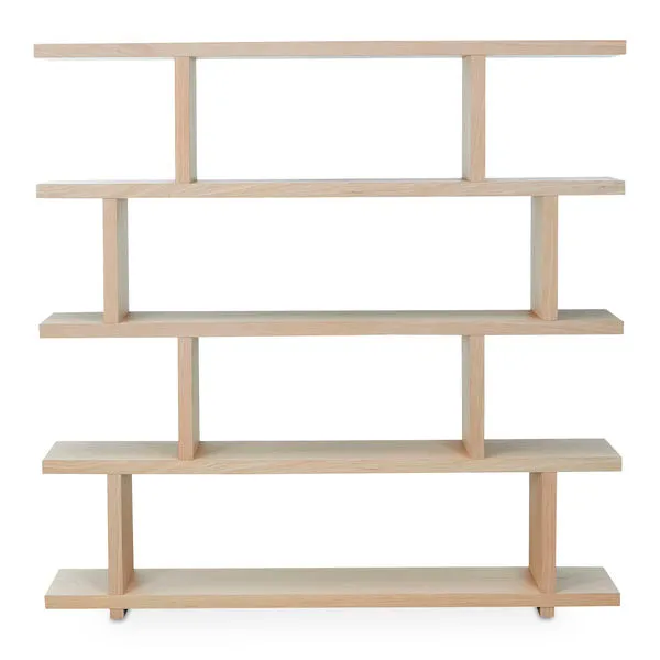 Miri Large Shelf in white oak veneer with staggered open shelves and vertical dividers in Mid-Century Modern style