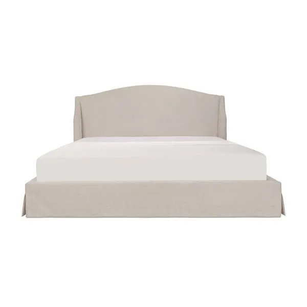 Weston Storage Bed with cream polyester slipcover, wingback headboard, and skirted base
