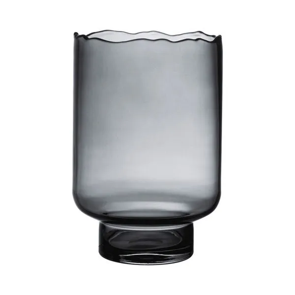 smoky grey hurricane glass vase with gently flared wavy rim and thick rounded base