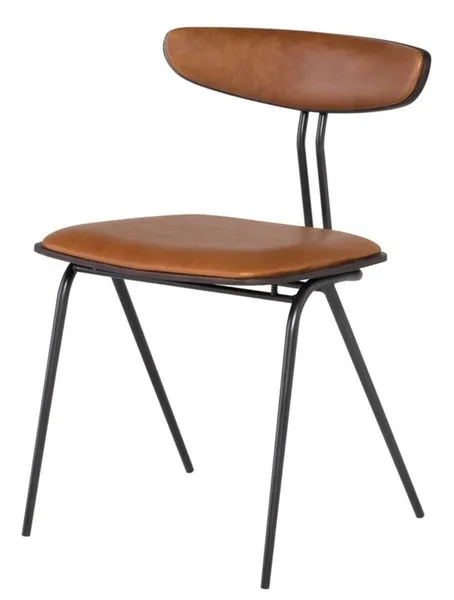 Desert colored leather dining chair with curved backrest and black metal legs in minimalist design