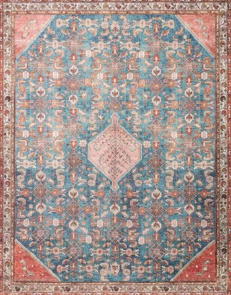 Layla Marine / Clay Rug with blue and clay red geometric and floral patterns, traditional aged look