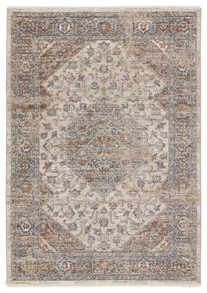 Traditional Heir medallion area rug in beige and blue with intricate floral patterns and distressed look, 10 by 14 feet