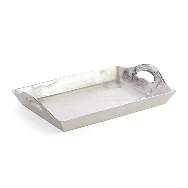 rectangular silver tray with raised sides and built-in cutout handles, slightly hammered finish