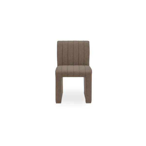 Sally Dining Chair in brown performance fabric with deep vertical channeling and piped detail, fully upholstered with clea...