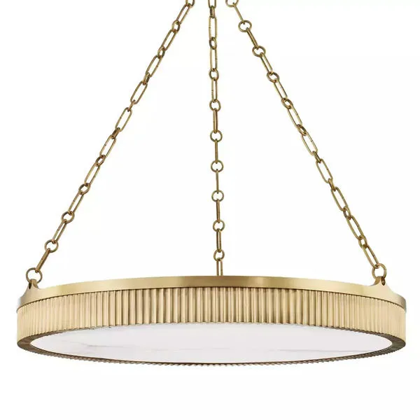 Lynden 8 Light Pendant chandelier with alabaster diffuser and fluted antique brass disc frame suspended by three chains
