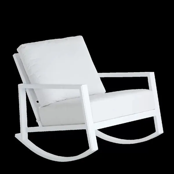 White Avondale Lounge Rocker outdoor chair with metal frame and plush cushions on curved rocker base