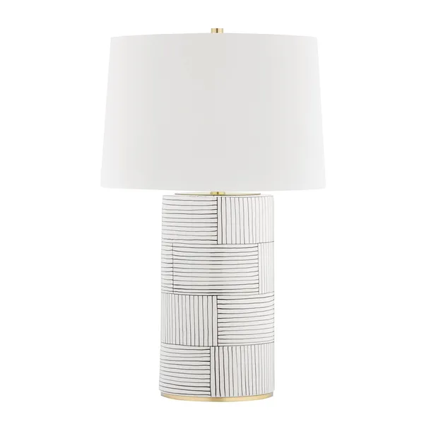 Borneo 1 Light Table Lamp with white tapered shade and black base featuring vertical and horizontal line patterns
