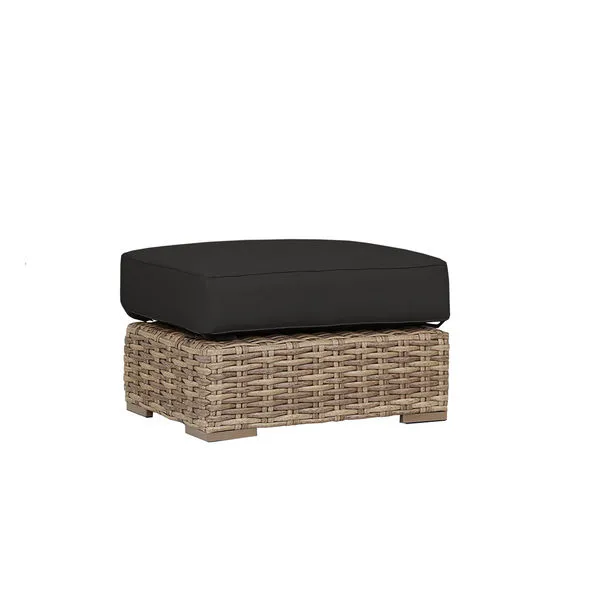 Havana Ottoman with weathered tobacco wicker base and dark charcoal cushion, square outdoor stool design