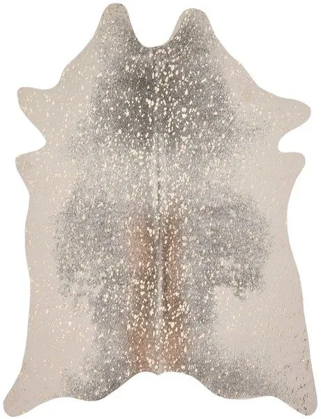 Bryce metallic cowhide rug with neutral beige and gray tones and gold accents, irregular natural cowhide shape