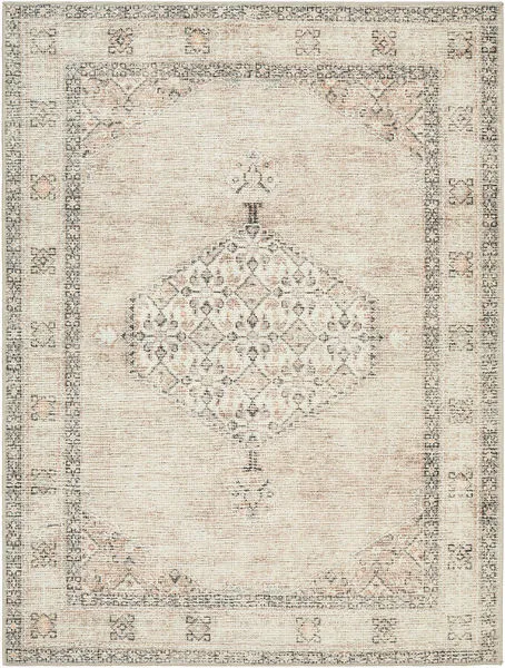 Lila brown and orange vintage style machine woven rug with central medallion and decorative border in muted tones
