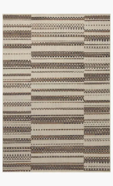 Rectangular Rainier Ivory Taupe rug with a power-loomed textured pattern of horizontal rectangles and stripes in neutral h...
