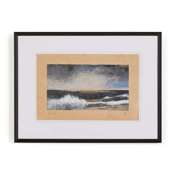 Sun Ripples painting depicting blurred ocean waves under a cloudy sky with natural distressed black Brimfield pine frame