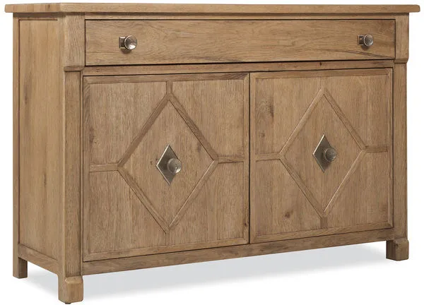 Driftwood hall chest in Buckboard finish with one drawer and two diamond motif wood door fronts