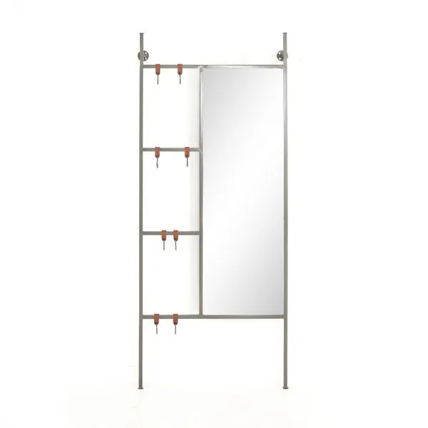 Enloe Entryway Mirror with gunmetal frame, beveled glass, and four leather strap hooks for hanging accessories