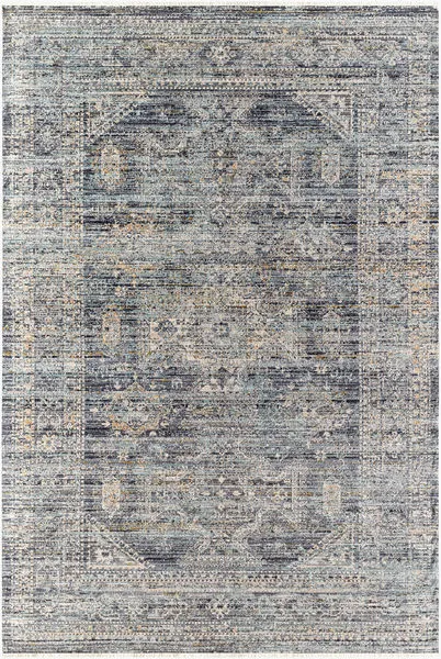 Vintage style blue and gray machine woven area rug with intricate faded floral and geometric patterns
