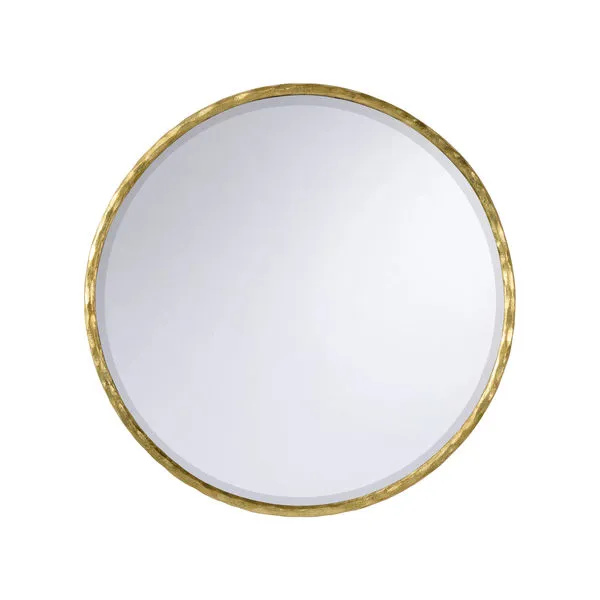 Round wall mirror with a hand hammered textured gold metal frame and clear reflective glass surface