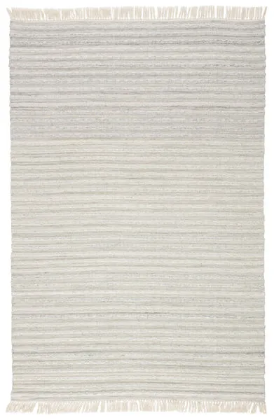 Full view of light gray and cream Torre rug with fringed edges on both ends