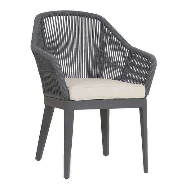Milano Dining Chair with charcoal-grey all-weather olefin rope wrapped curved aluminum frame and slate tapered legs with b...