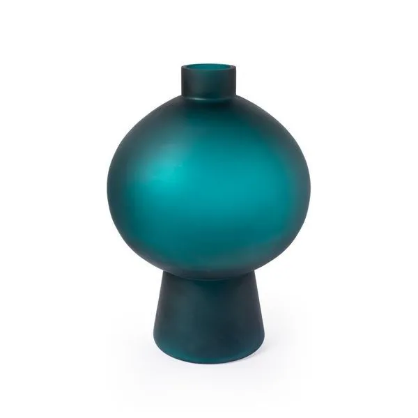 Large teal frosted glass vase with a round body and narrow cylindrical neck on a tapered base