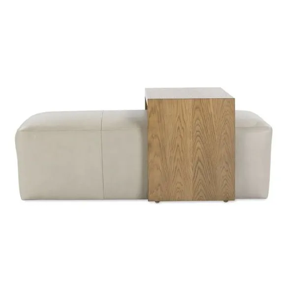 Macon Leather Ottoman with beige leather upholstery and integrated oak wood rectangular side table