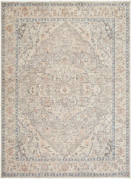 Vintage style Maria Taupe/Blue Elena rug with classic medallion pattern in taupe, blue, and subtle orange tones