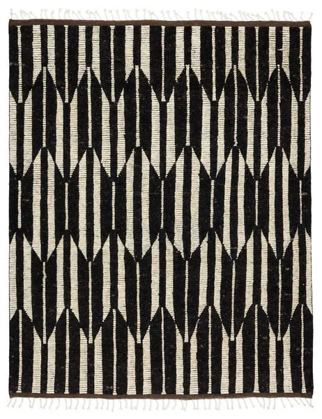 Hand-knotted geometric rug with dark brown and ivory linear pattern and fringe on short edges