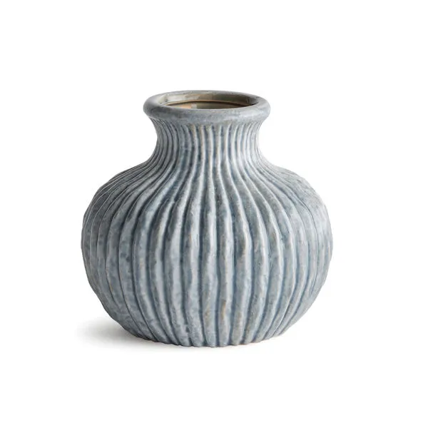 Soft blue Thessaly vase with ribbed texture, round body tapering at narrow neck, artisan ceramic finish