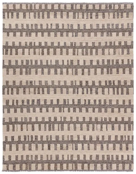 Hand-tufted gray and cream rug with broken horizontal stripe pattern and short gray fringe