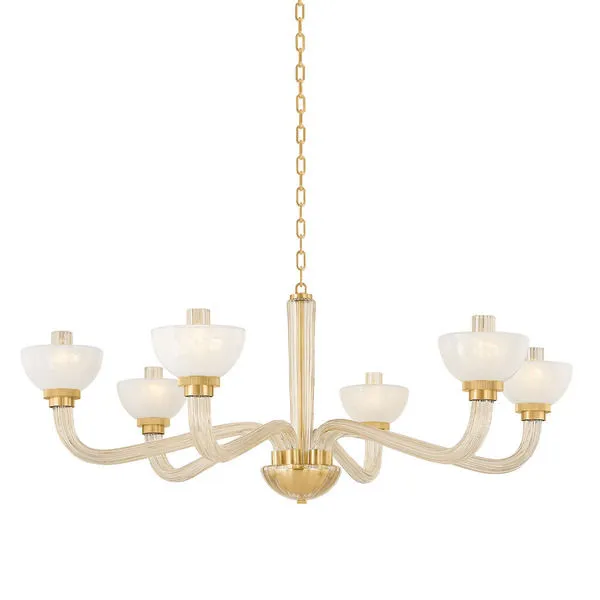 St. Lawrence chandelier with six upturned bowl-shaped opal seedy glass shades and fluted champagne glass arms in aged bras...