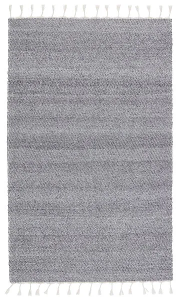 Solid gray and white handwoven indoor/outdoor rug with tassels on short ends, flat textured surface