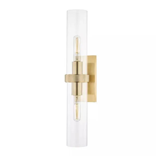 Briggs 2 Light Wall Sconce with knurled brass accents and tall cylindrical clear hurricane glass shades