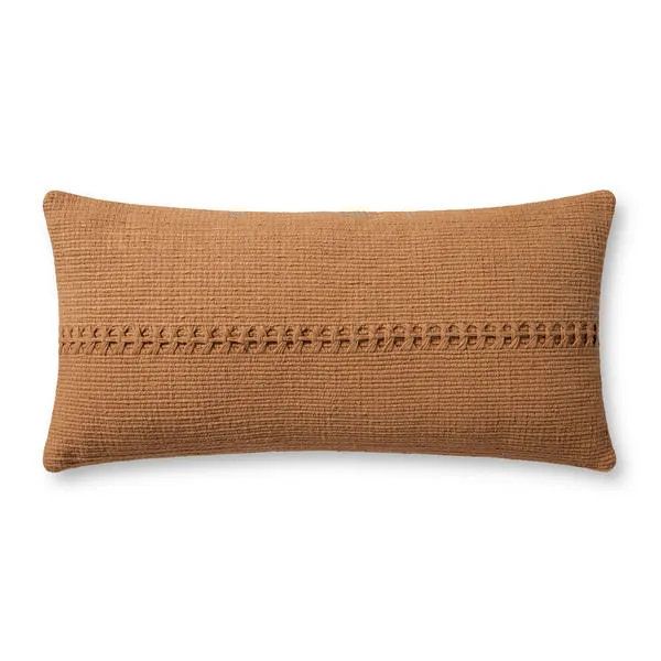 Muted orange elongated lumbar pillow with textured woven stripe across center, 12 by 27 inches