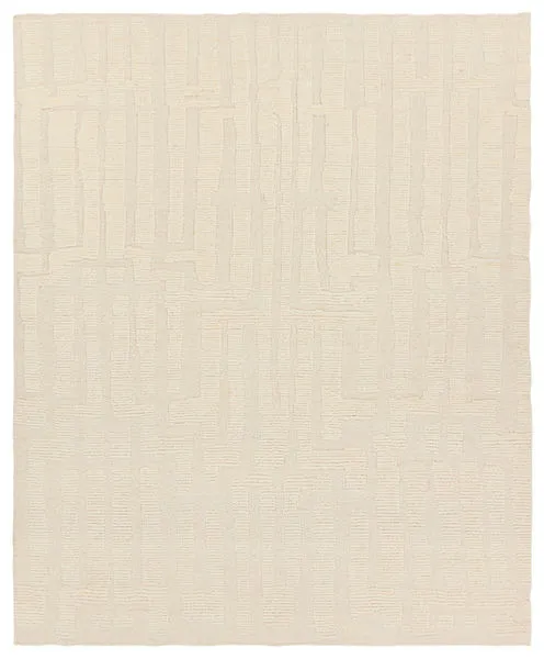 9x12 foot cream rug with ribbed, high-low hand-knotted wool pile featuring striped geometric pattern