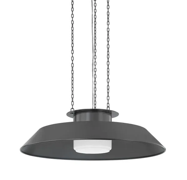 Close-up side view of Woodrow Pendant showing smooth matte dark reflector and white opal shade