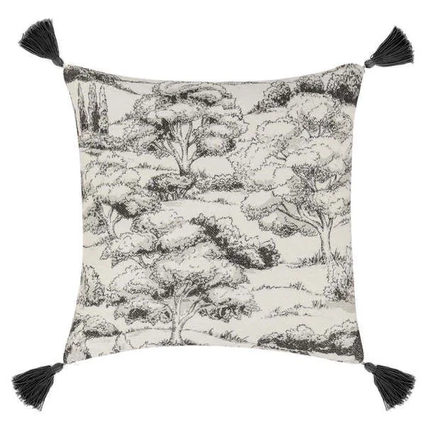Square Stonework Throw Pillow with black and white painted toile design, textured cotton linen front, corner tassels
