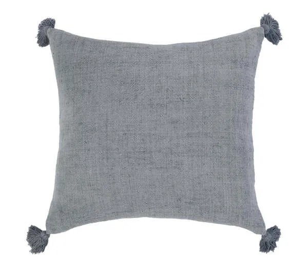 Square 20-inch ocean blue linen accent pillow with hand-loomed texture and tassels on each corner