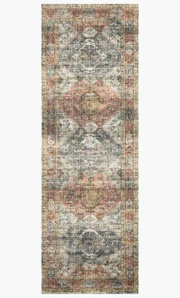 Skye Apricot / Mist Rug with classic old-world pattern in muted apricot, mist blue, and cream tones, rectangular runner shape