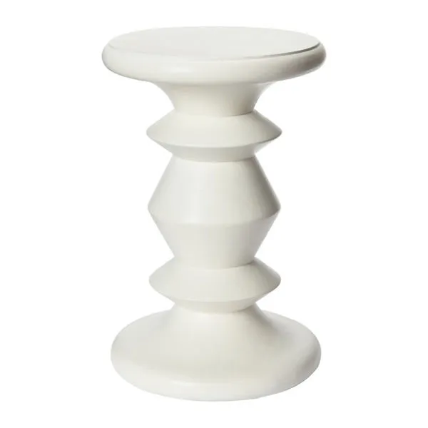 Sable turned white wood end table with lathe-turned geometric silhouette and smooth white walnut finish