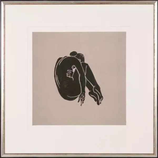 Hand-painted painting featuring a black silhouetted figure curled up against a beige background with white mat and slim frame