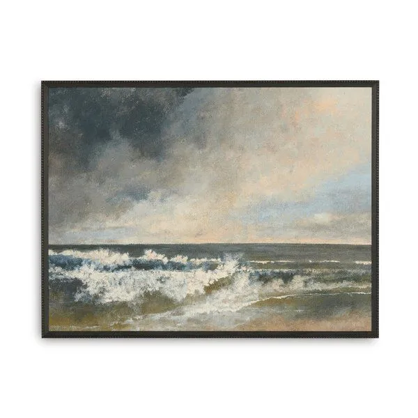 Landscape painting of ocean waves under a moody cloudy sky in a distressed black wooden frame