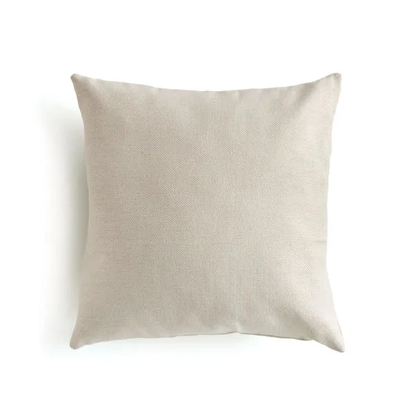 Square neutral woven Jacquard outdoor pillow with subtle texture and plush fill