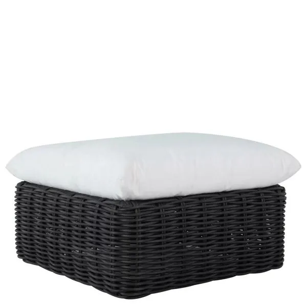 Montecito Woven Ottoman with large square dark wicker base and thick white cushion on top