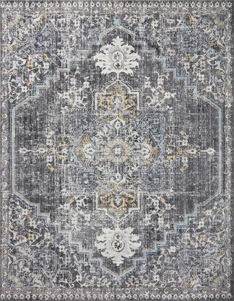 Traditional charcoal and gold-colored rectangular rug with intricate vintage-inspired medallion and border pattern
