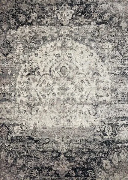Anastasia Ink Ivory Rug with ornate traditional distressed medallion pattern in grayscale tones
