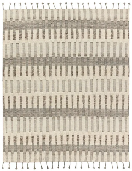 Hand-knotted 9x12 rug with cream, taupe, and gray striped geometric pattern and braided fringes