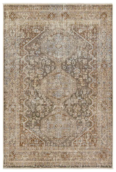 Traditional Zakaria medallion rug with distressed vintage Turkish motifs in tan, taupe, caramel, blue, and green